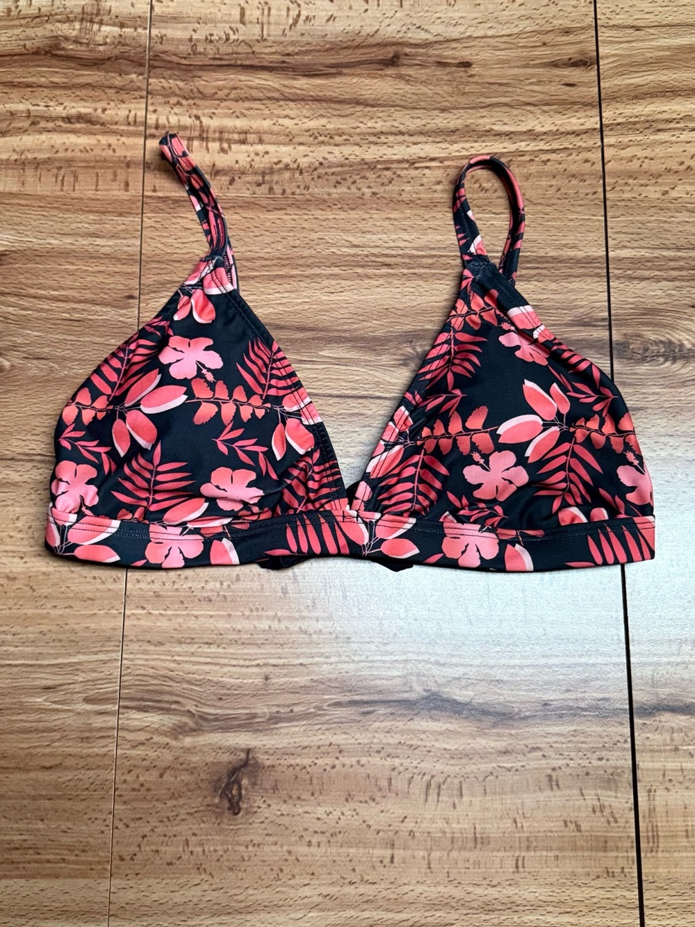 Women’s Floral Triangle Bikini Top Bralette Black with Coral Pink Print Swimwear